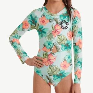 Justice Retro Surf Twist Long Sleeve Swimsuit UPF 50+ -Teal Size XS 5-6